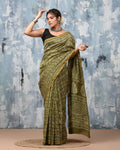 Mehndi colour Pure Chanderi Silk Saree with Elegant White Prints and Zari Border –  100% Handloom| Blouse Piece Included