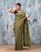 Mehndi colour Pure Chanderi Silk Saree with Elegant White Prints and Zari Border –  100% Handloom| Blouse Piece Included