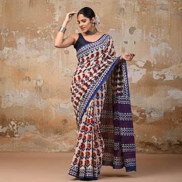 Mulmul pure cotton Sarees block print with blouse. Lightweight, easy to drape . Comfortable all day .