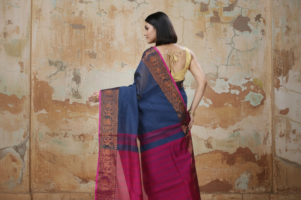 Handwoven Saree with Pure Zari cotton raw silk blend with blouse. Light weight easy to drape. Comfortable all day .