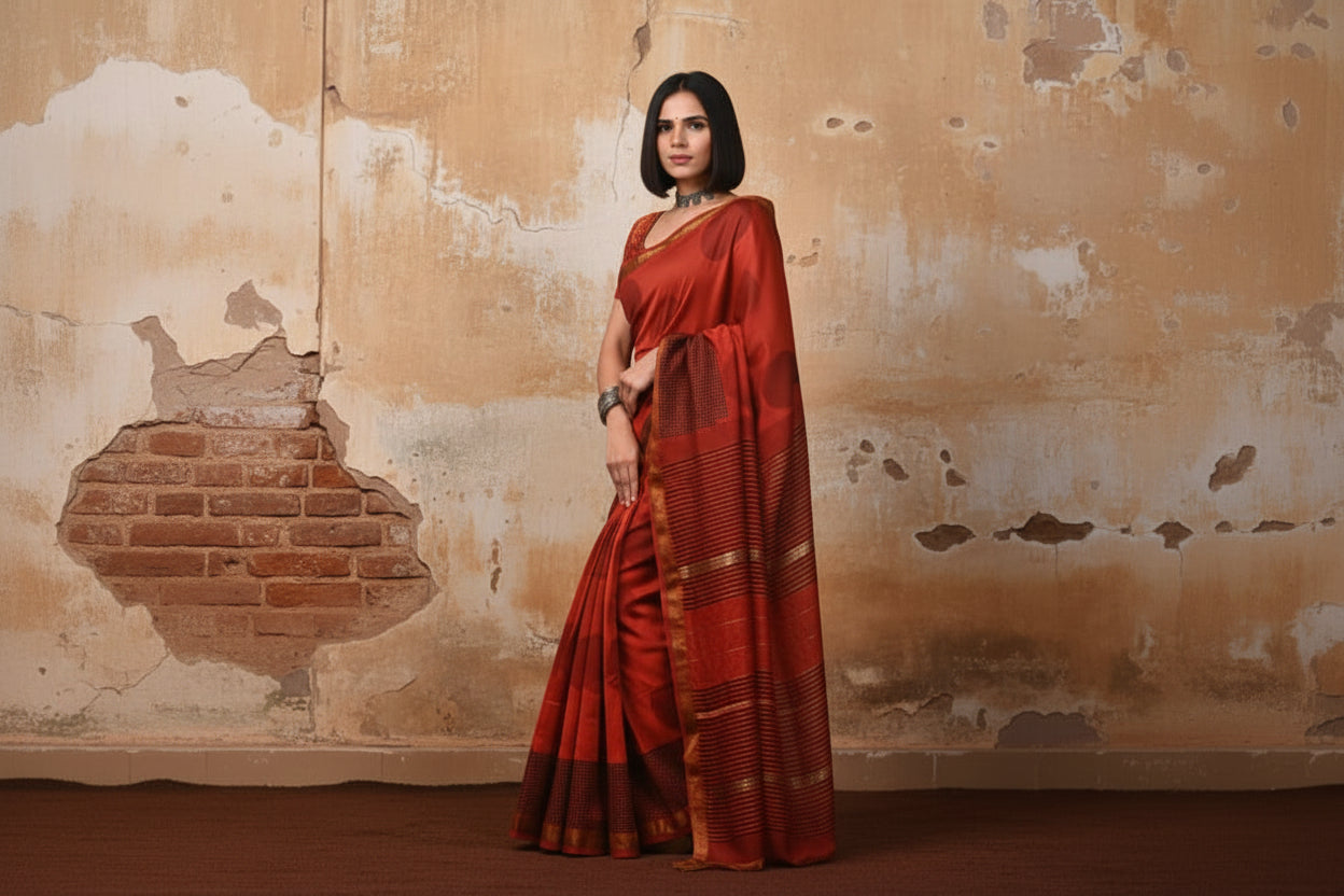 Blood Red Polka Dot & Black Checks Saree with Blouse - 100% Pure Maheshwari Handloom Silk