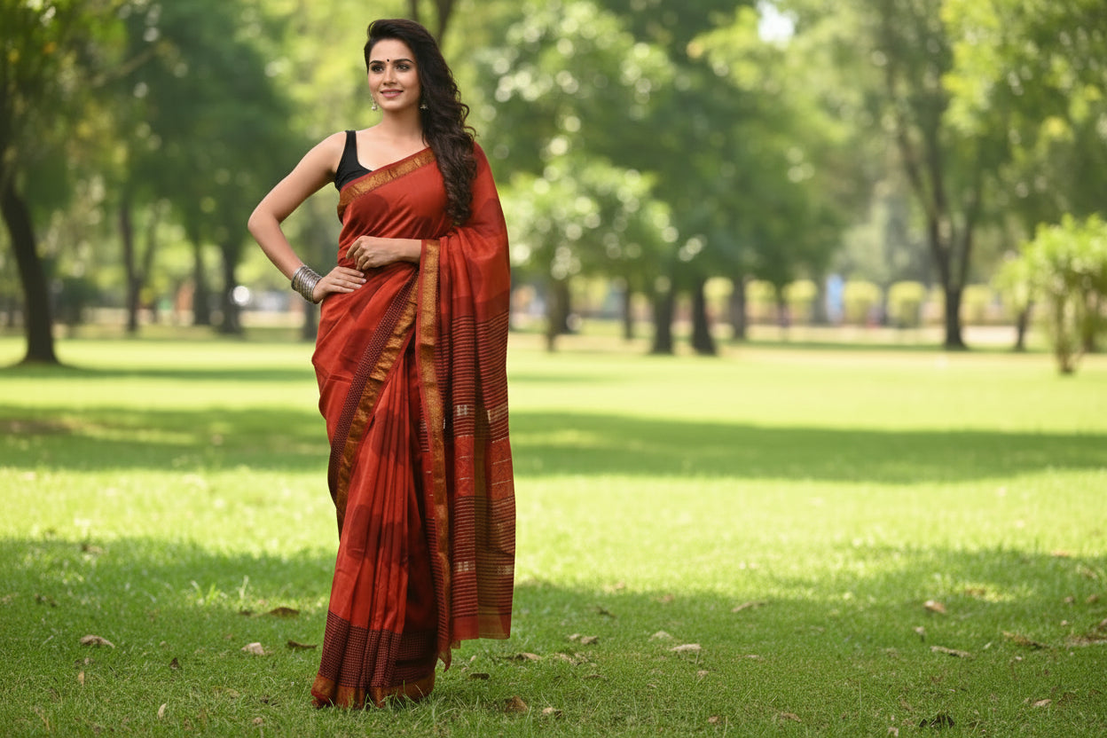 Blood Red Polka Dot & Black Checks Saree with Blouse - 100% Pure Maheshwari Handloom Silk