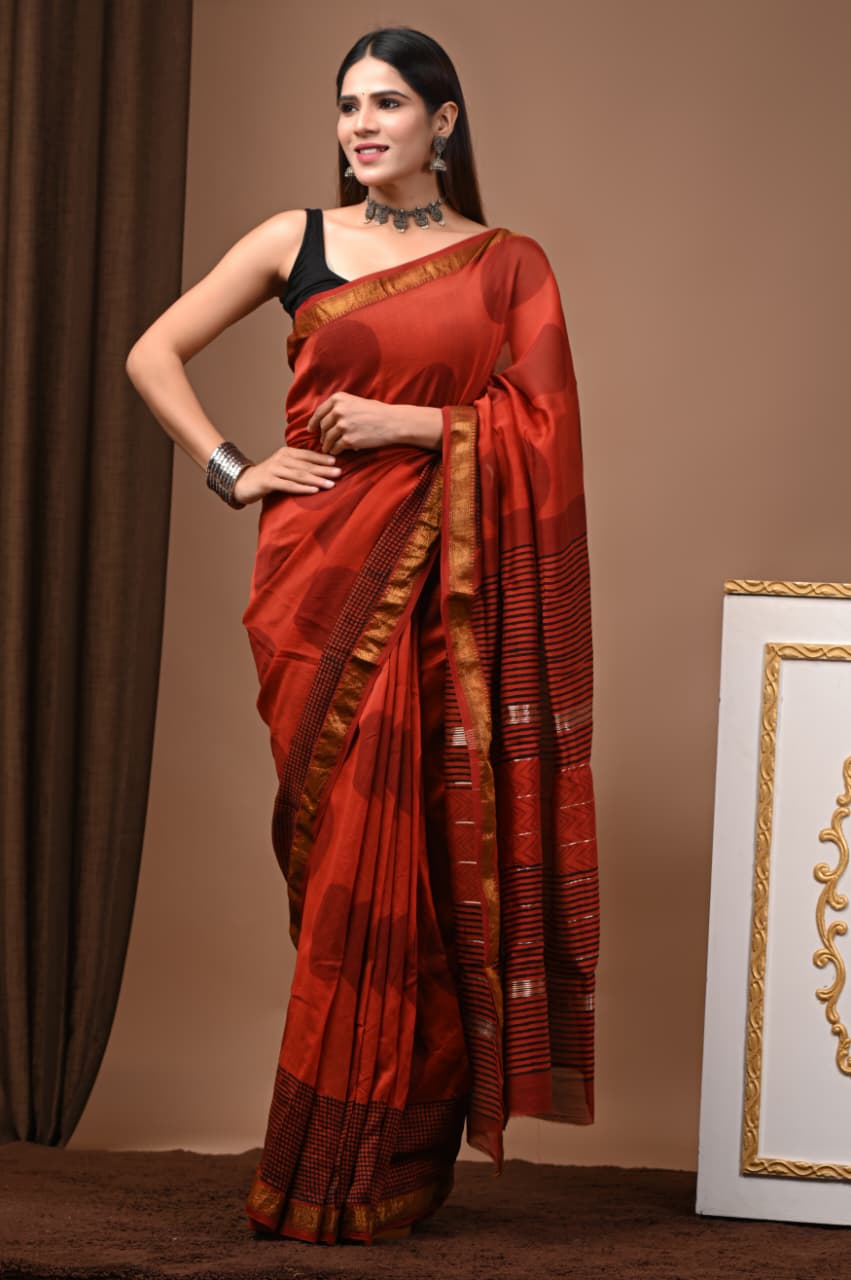 Maheshwari Handloom Silk Saree with blouse – 100% Pure Silk. Light weight easy to drape. Comfortable all day .