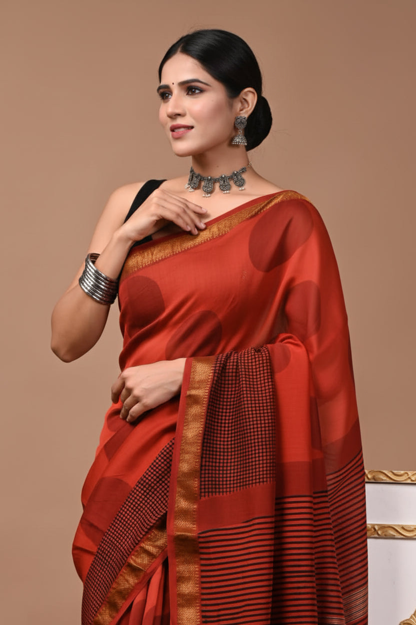 Blood Red Polka Dot & Black Checks Saree with Blouse - 100% Pure Maheshwari Handloom Silk