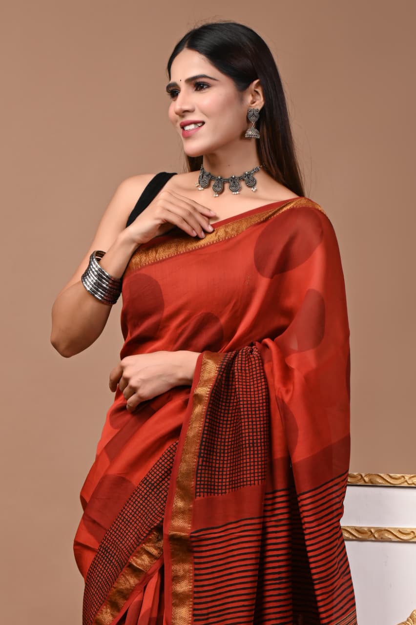 Maheshwari Handloom Silk Saree with blouse – 100% Pure Silk. Light weight easy to drape. Comfortable all day .