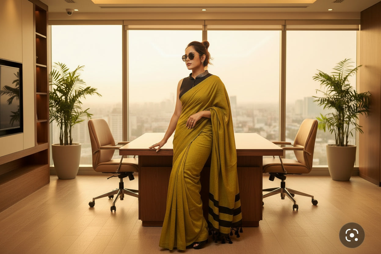 Formal Sarees with blouse & blend of fabric is 70% cotton, 30% acrylic. Lightweight Maheshwari and comfortable, easy to drape .Comfortable all day .