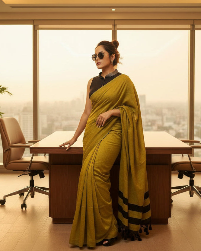 Formal Sarees with blouse & blend of fabric is 70% cotton, 30% acrylic. Lightweight Maheshwari and comfortable, easy to drape .Comfortable all day .