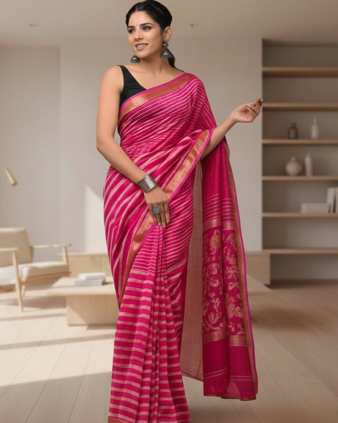 Maheshwari Handloom Pink  Saree with White Stripes and Silk Zari – 80% Silk, 20% Cotton (Cotton Silk) – Comes with Matching Blouse Piece