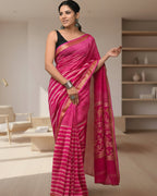 Maheshwari Handloom Pink  Saree with White Stripes and Silk Zari – 80% Silk, 20% Cotton (Cotton Silk) – Comes with Matching Blouse Piece