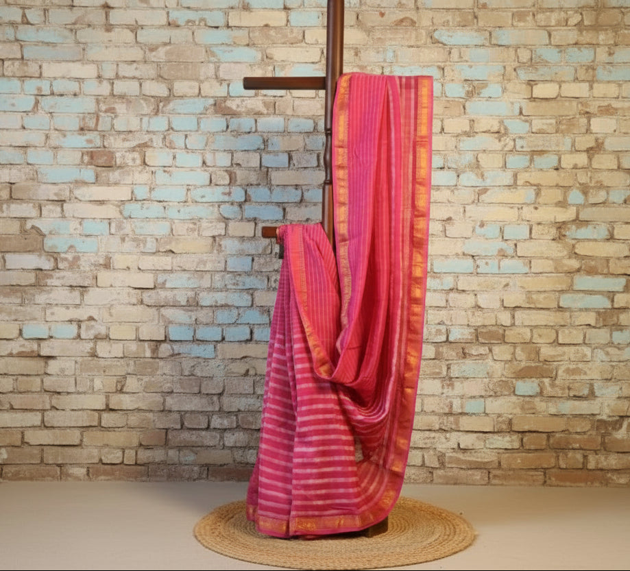 Maheshwari Handloom Cotton Silk Saree with blouse – Cotton 20% Silk 80%. Light weight easy to drape. Comfortable all day.