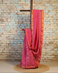 Maheshwari Handloom Pink  Saree with White Stripes and Silk Zari – 80% Silk, 20% Cotton (Cotton Silk) – Comes with Matching Blouse Piece