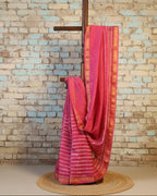 Maheshwari Handloom Pink  Saree with White Stripes and Silk Zari – 80% Silk, 20% Cotton (Cotton Silk) – Comes with Matching Blouse Piece