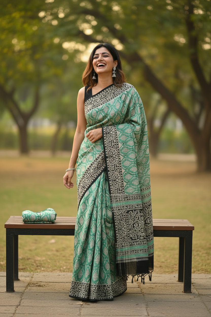 Mulmul cotton Saree with blouse –  This saree is rewashed for softness and organically dyed. Light weight easy to drape. Comfortable all day .
