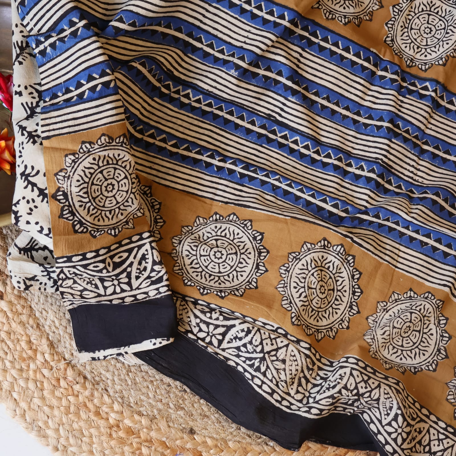 Mulmul cotton Saree with blouse –  This saree is rewashed for softness and organically dyed. Light weight easy to drape. Comfortable all day .