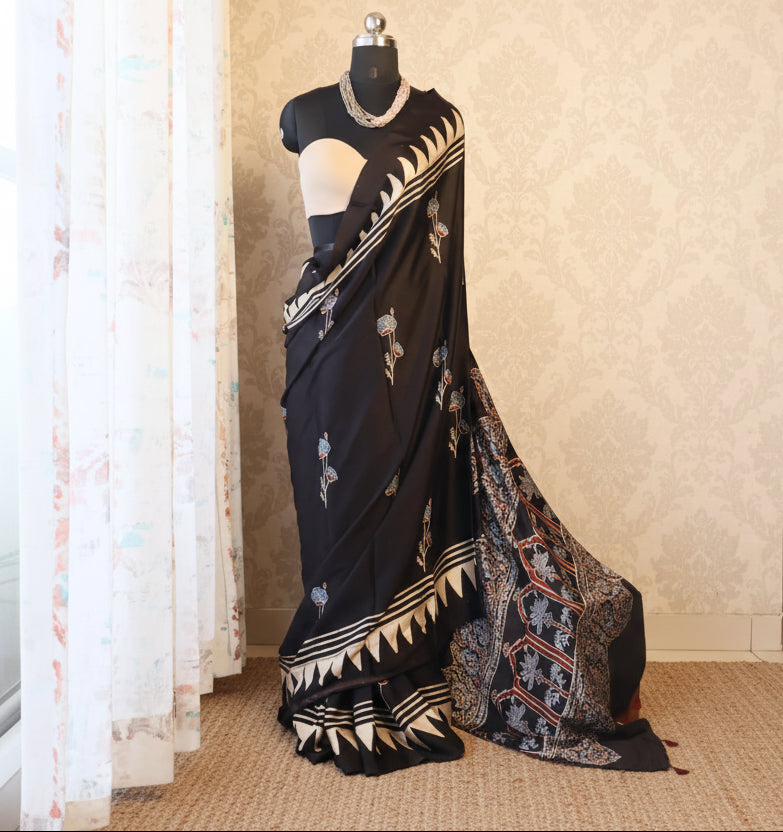 Pure  Modal Silk with blouse. With Ajrak  Print Lightweight, easy to drape . Comfortable all day