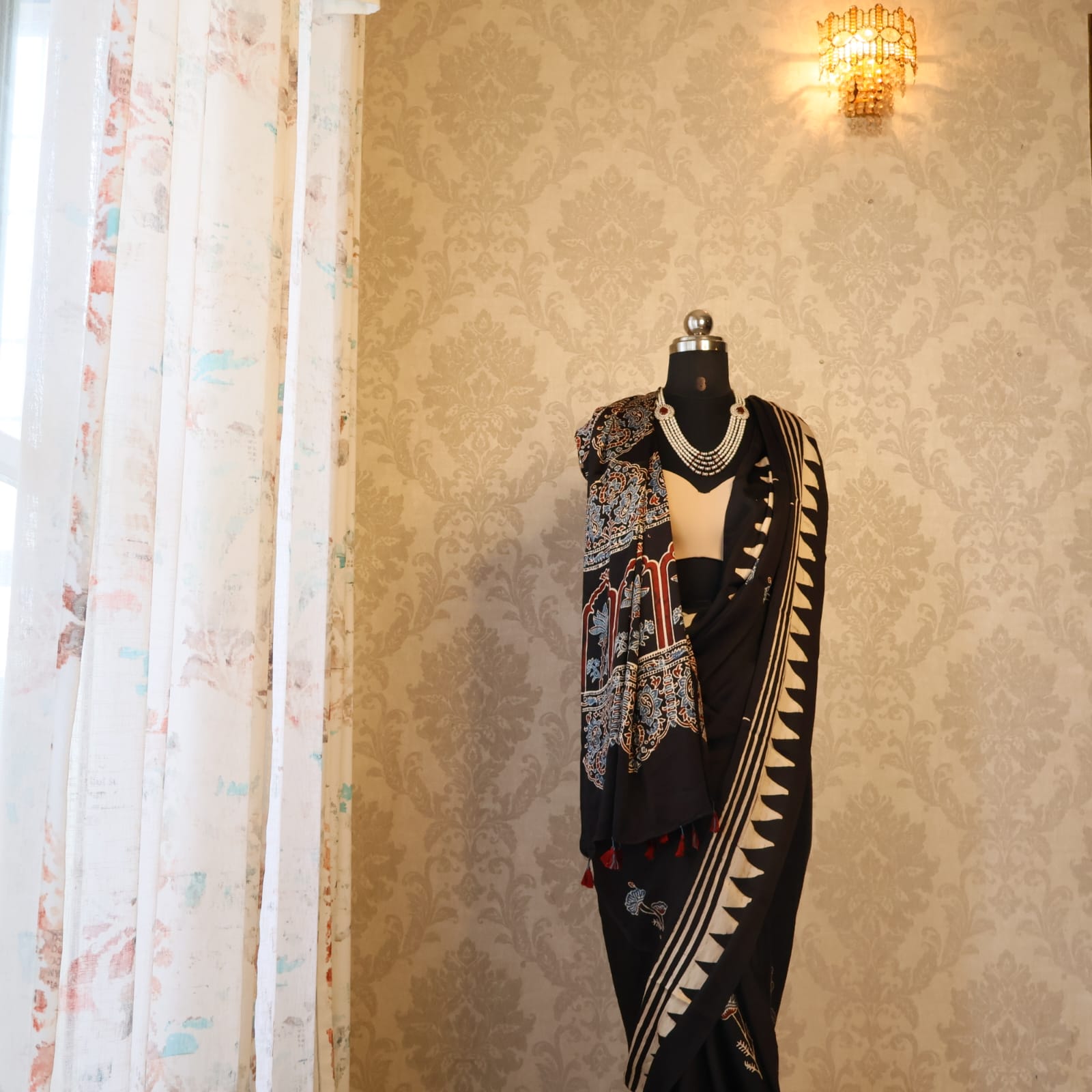 Pure  Modal Silk with blouse. With Ajrak  Print Lightweight, easy to drape . Comfortable all day