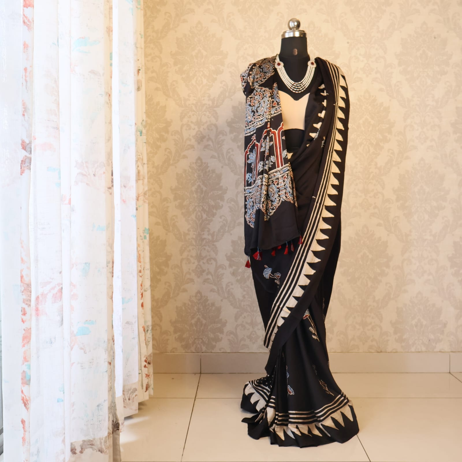 Pure  Modal Silk with blouse. With Ajrak  Print Lightweight, easy to drape . Comfortable all day