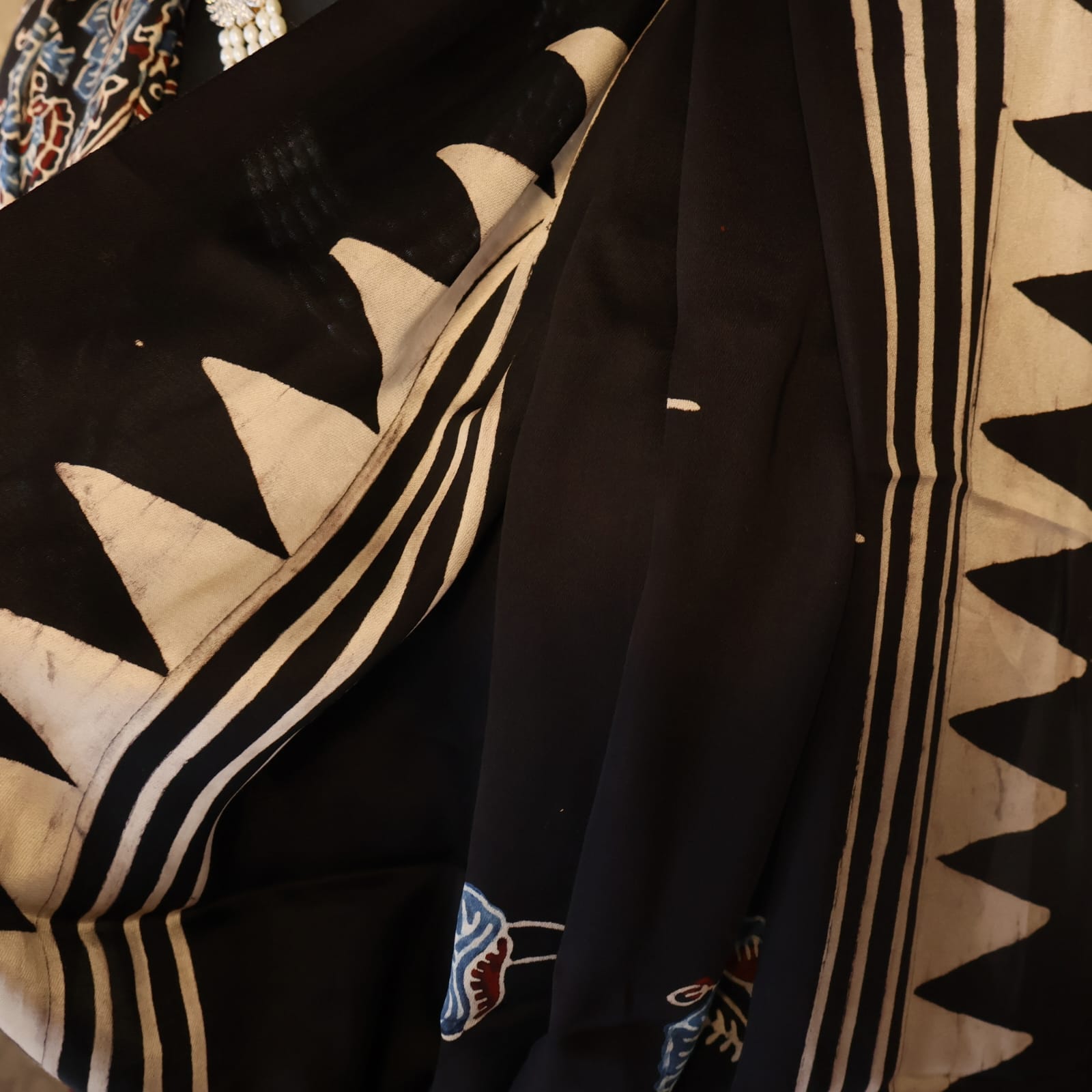 Pure  Modal Silk with blouse. With Ajrak  Print Lightweight, easy to drape . Comfortable all day