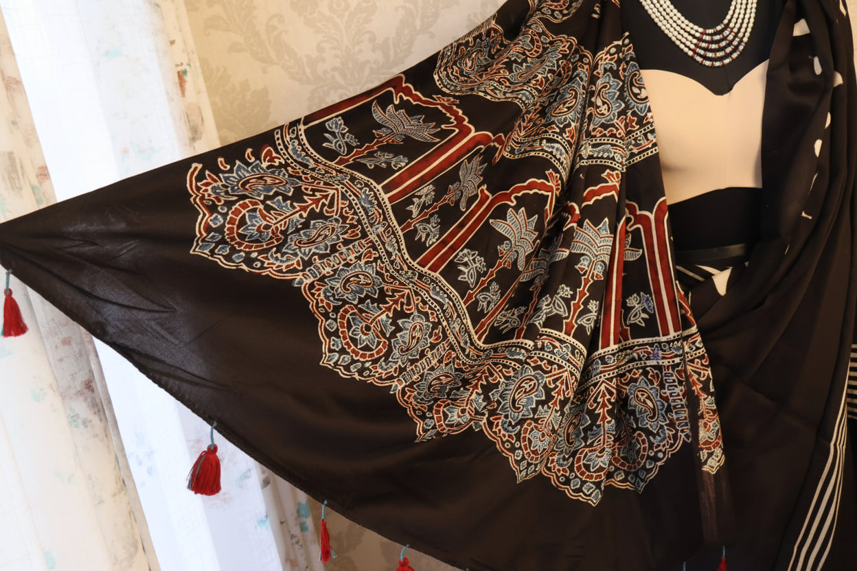 Pure  Modal Silk with blouse. With Ajrak  Print Lightweight, easy to drape . Comfortable all day