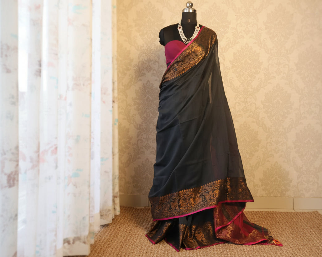 Handwoven Saree with Pure Zari cotton raw silk blend with blouse. Light weight easy to drape. Comfortable all day.