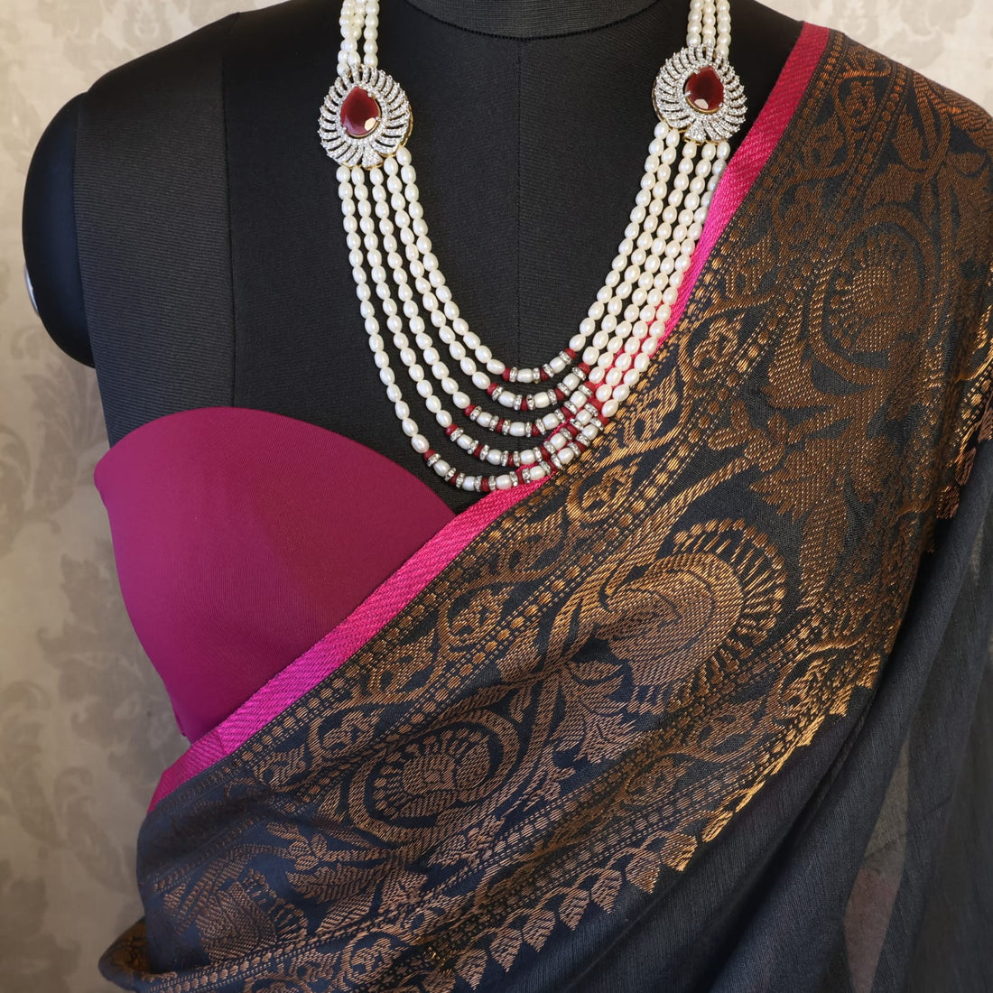 Handwoven Saree with Pure Zari cotton raw silk blend with blouse. Light weight easy to drape. Comfortable all day.