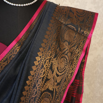 Handwoven Saree with Pure Zari cotton raw silk blend with blouse. Light weight easy to drape. Comfortable all day.