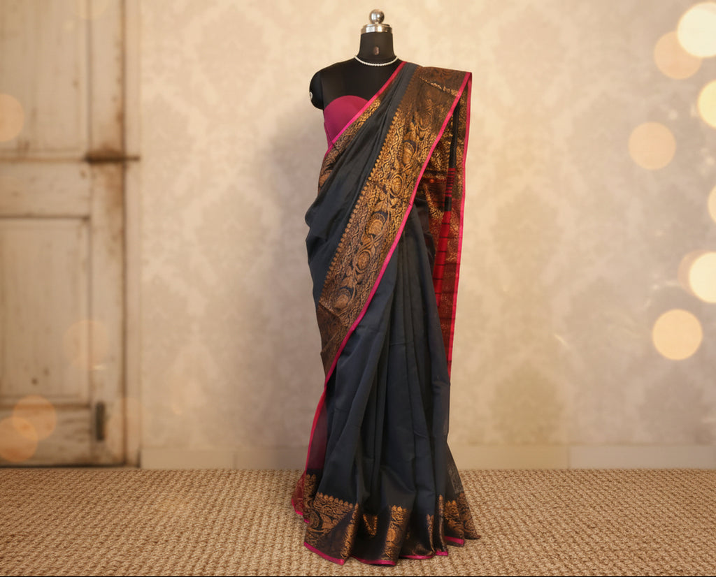 Handwoven Saree with Pure Zari cotton raw silk blend with blouse. Light weight easy to drape. Comfortable all day.