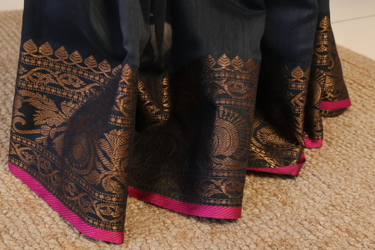 Handwoven Saree with Pure Zari cotton raw silk blend with blouse. Light weight easy to drape. Comfortable all day.