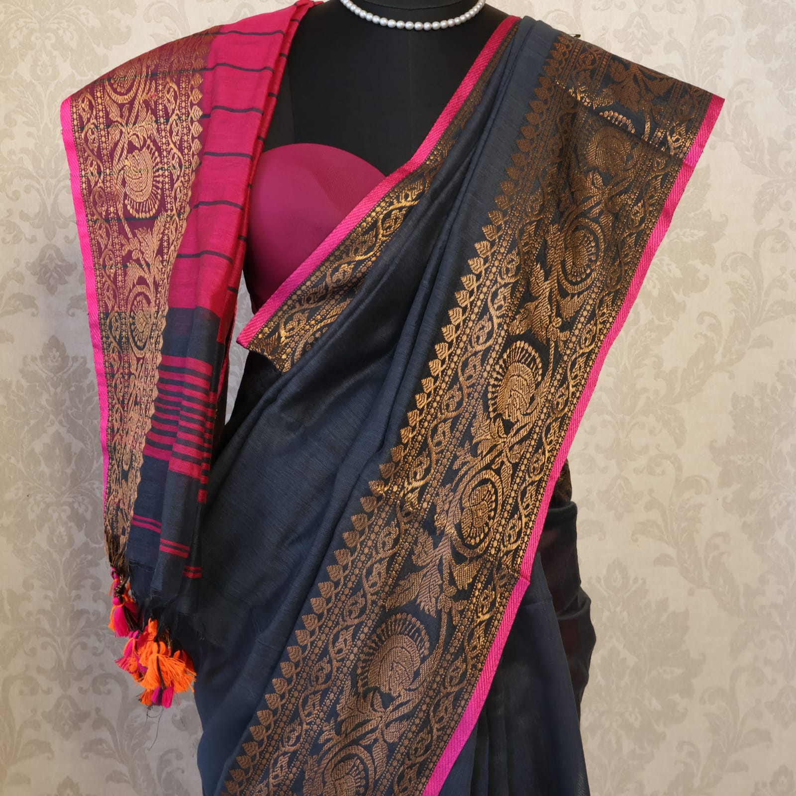 Handwoven Saree with Pure Zari cotton raw silk blend with blouse. Light weight easy to drape. Comfortable all day.
