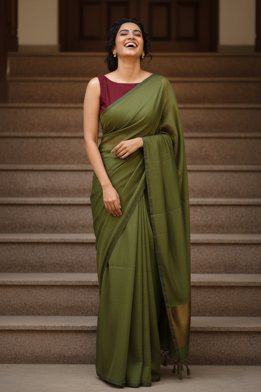 Cotton Handwoven Saree with with Zari Pallu and Tassels . Light weight easy to drape. Comfortable all day.