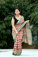 Cream Base & Red Design Saree with matching blouse - 100% Pure Maheshwari Handloom Silk