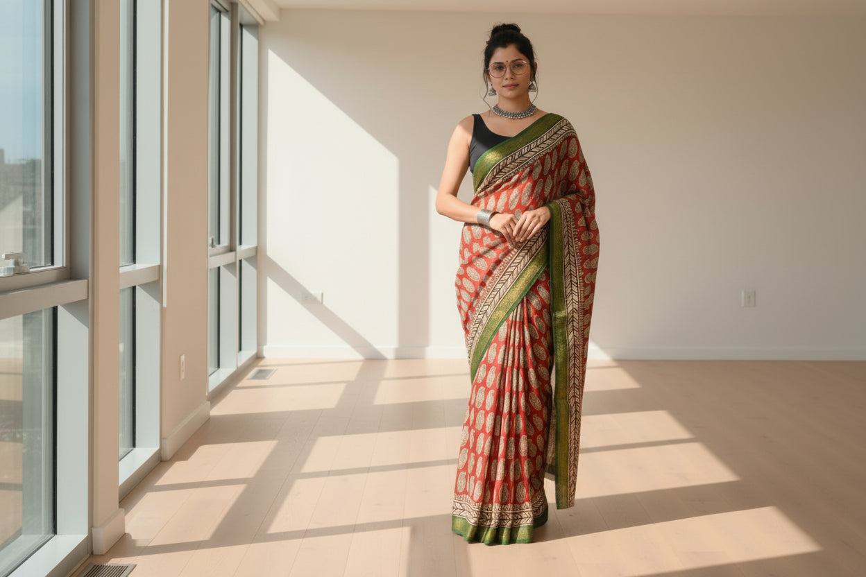 Cream Base & Red Design Saree with matching blouse - 100% Pure Maheshwari Handloom Silk