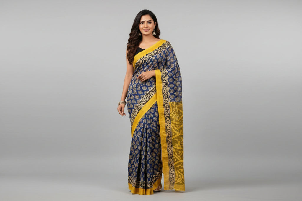 Beautiful Sky Blue Maheshwari Handloom Saree with White design and yellow  Silk Zari – 80% Silk, 20% Cotton (Cotton Silk) – Comes with Matching Blouse Piece