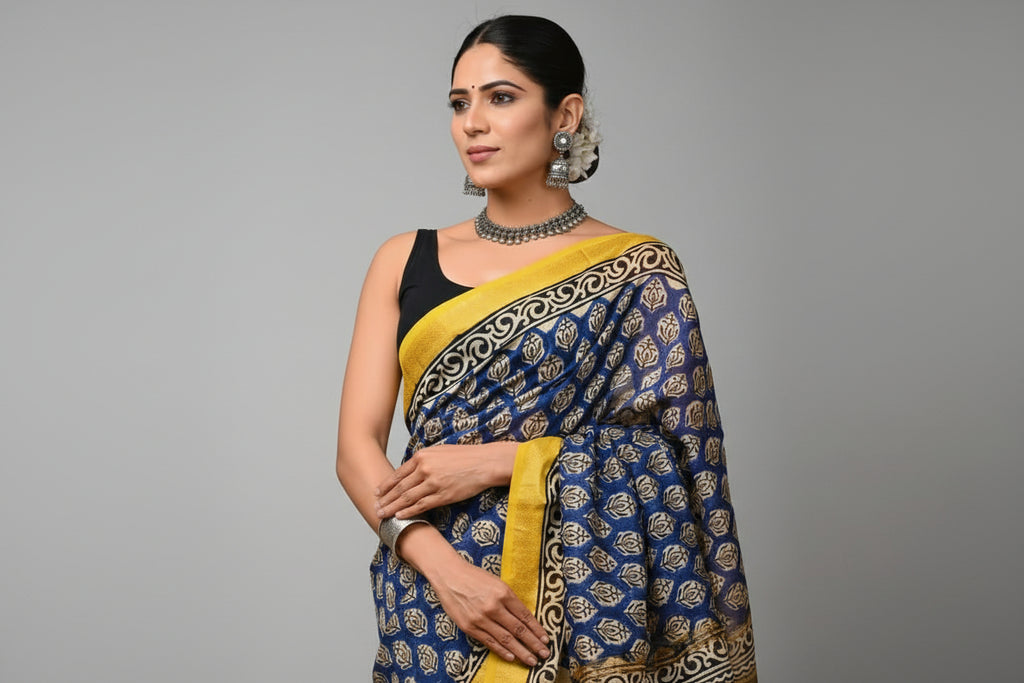 Beautiful Sky Blue Maheshwari Handloom Saree with White design and yellow  Silk Zari – 80% Silk, 20% Cotton (Cotton Silk) – Comes with Matching Blouse Piece