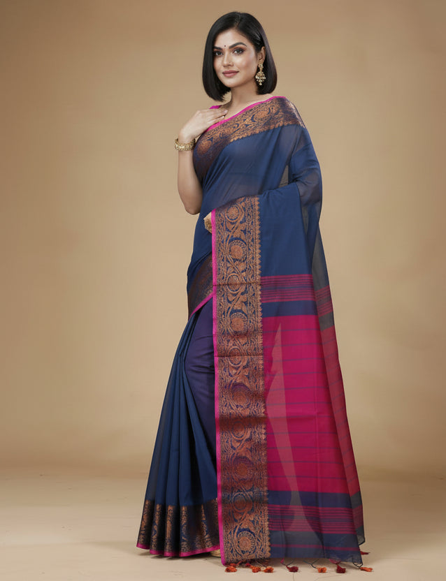 Handwoven Saree with Pure Zari cotton raw silk blend with blouse. Light weight easy to drape. Comfortable all day .