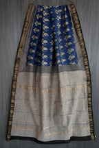 Navy Blue and White Maheshwari Handloom Saree with White design and Silk Zari – 80% Silk, 20% Cotton (Cotton Silk).