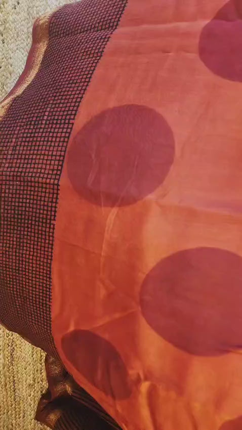 Blood Red Polka Dot & Black Checks Saree with Blouse - 100% Pure Maheshwari Handloom Silk