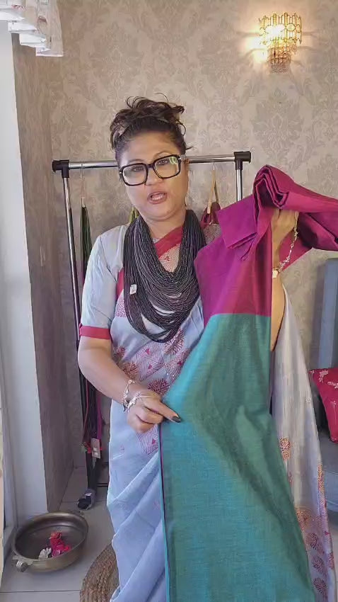 Formal Sarees with blouse & blend of fabric is 70% cotton, 30% acrylic. Light weight easy to drape. Comfortable all day .