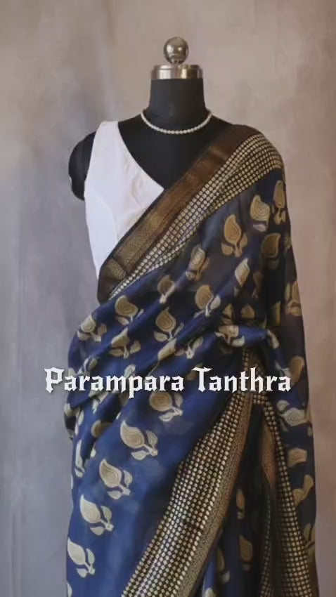 Navy Blue and White Maheshwari Handloom Saree with White design and Silk Zari – 80% Silk, 20% Cotton (Cotton Silk).